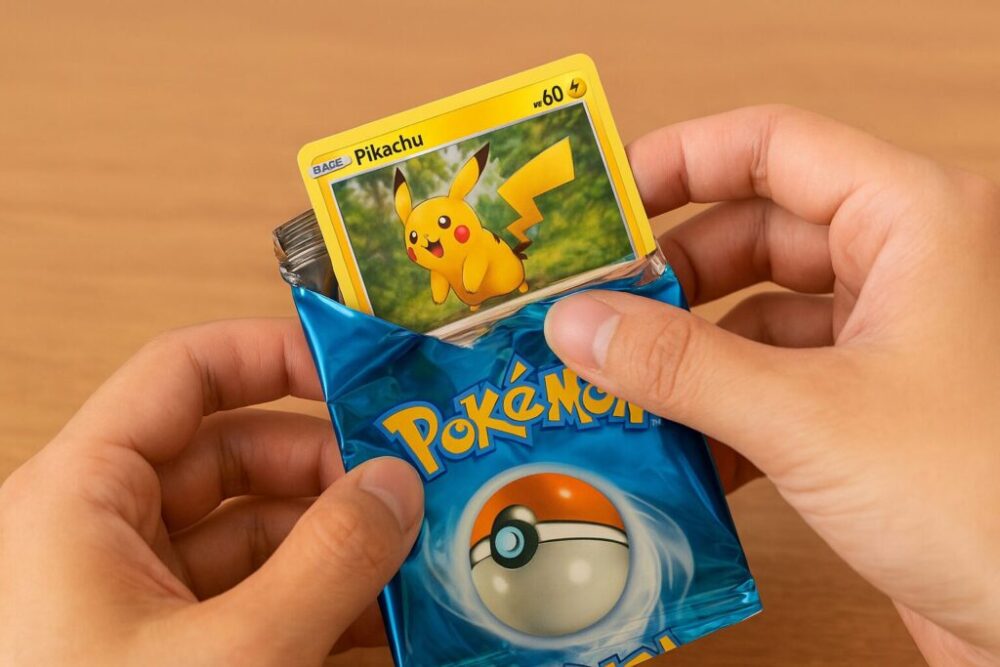 パッケージからポケモンの絵柄が着いたトレーディングカードを出す場面