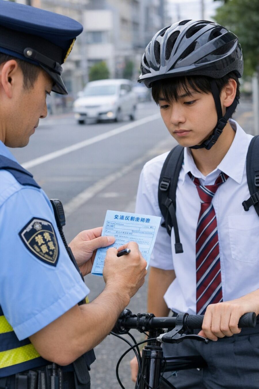 青切符を切られる自転車の学生